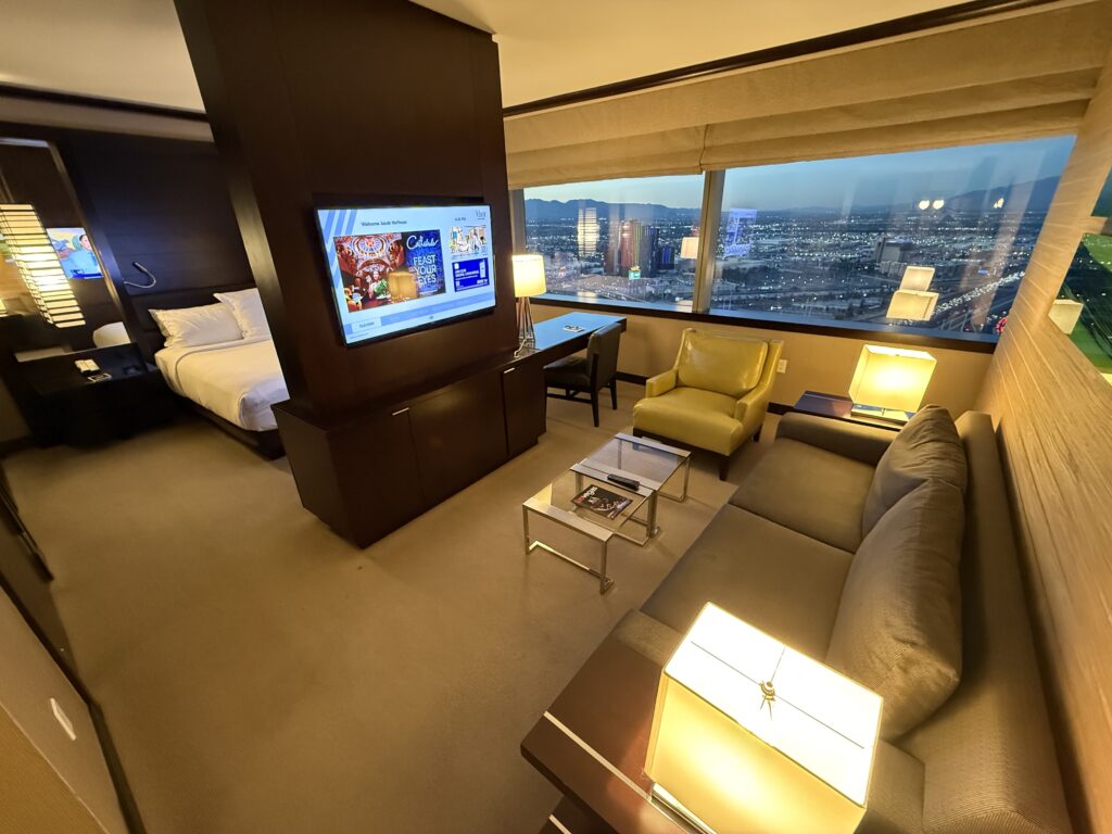 Living area in the Studio Parlor that has a TV and chair facing a TV on a dividing wall that separates the room from the bedroom area. 