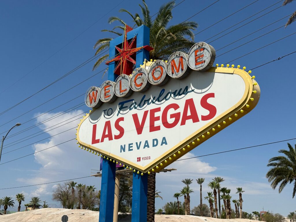 The welcome to fabulous Las Vegas sign with a blue sky in the background.
