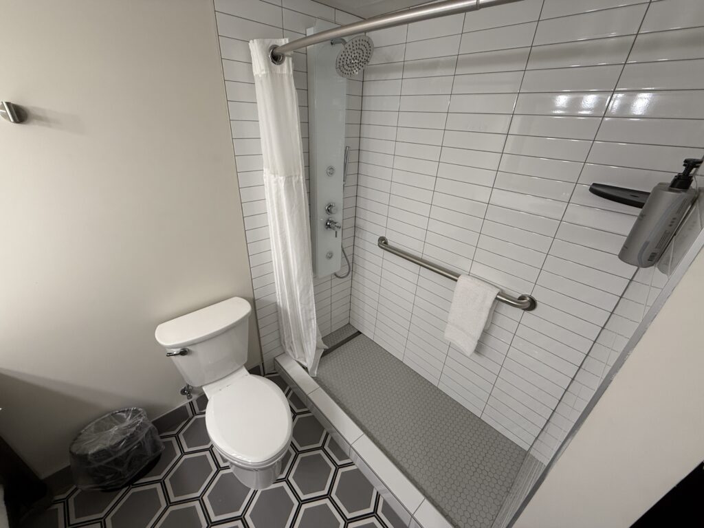 A toilet in the bathroom with the open shower to the right.