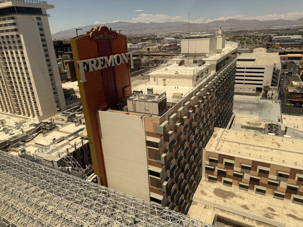 The view of the Fremont Street dome and Fremont Hotel and Casino from my room.