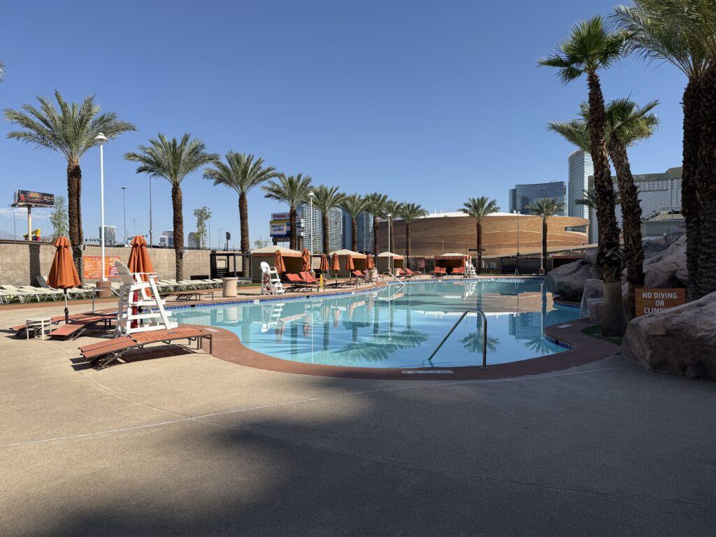 An outdoor pool with a row of palm trees in the background. 