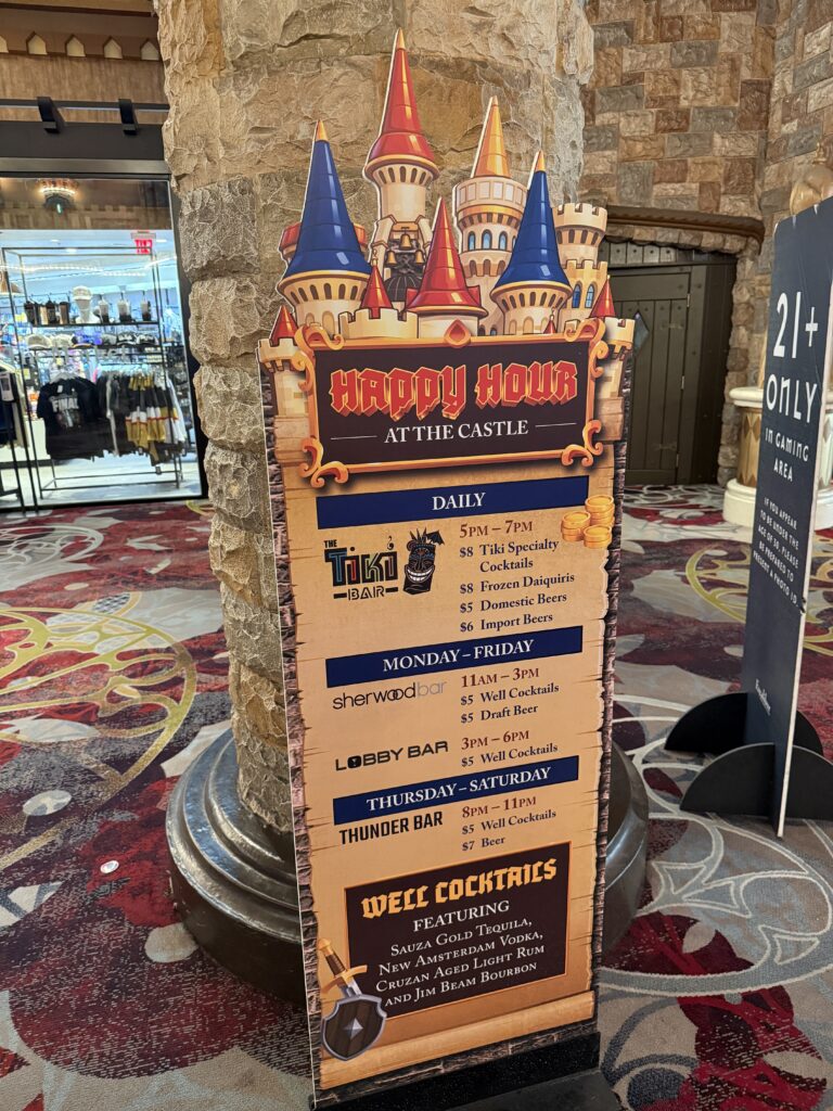 A sign posted on Excalibur's casino floor advertising happy hour deals across the resort. 