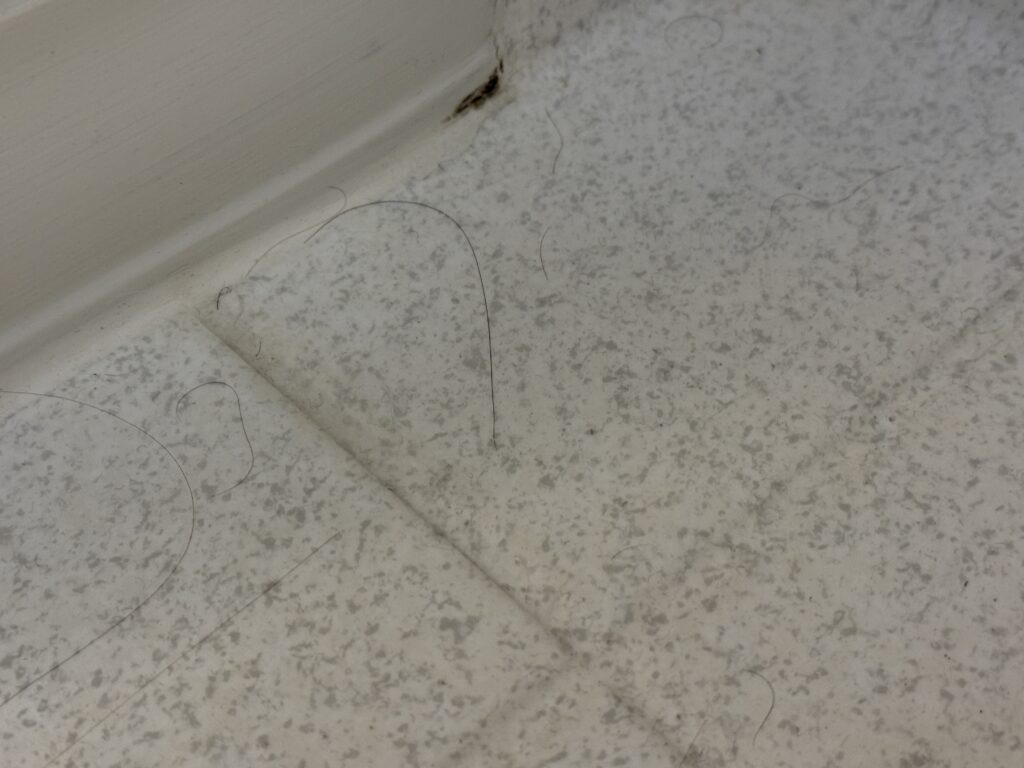 Close-up of a speckled floor at a wall corner with stray strands of hair scattered across it.