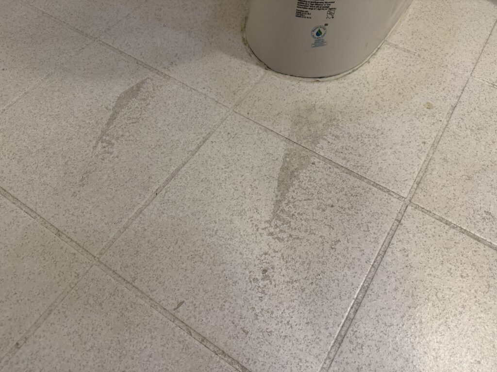 Some gray staining in front of the toilet.