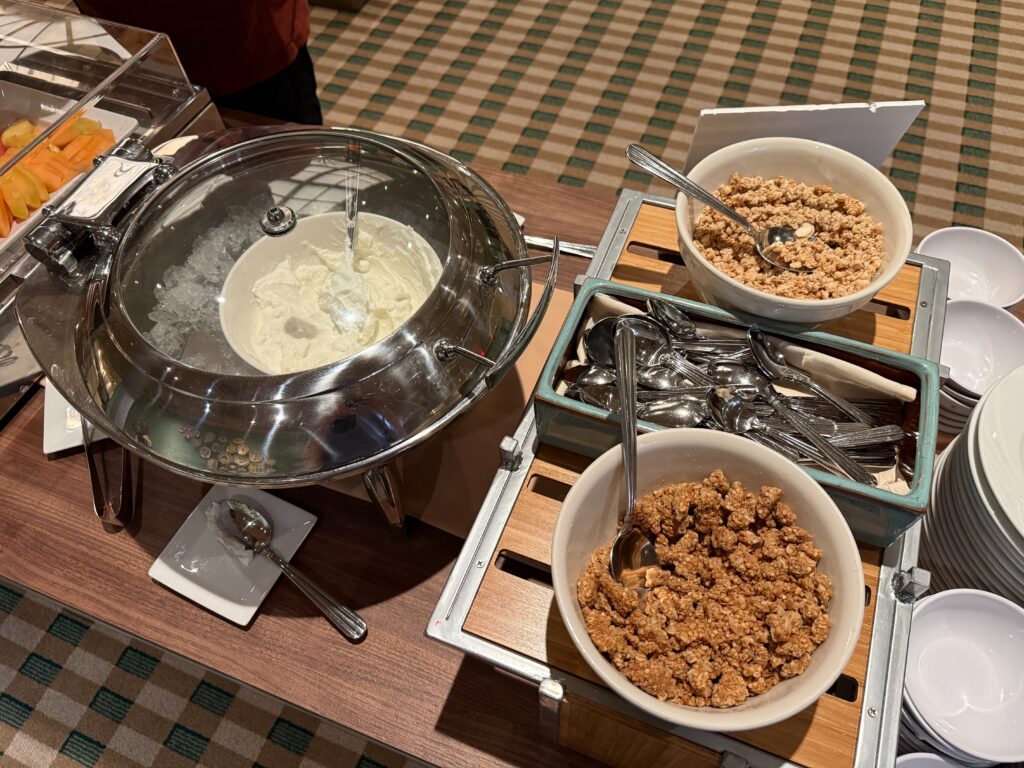 Greek Yogurt with toppings like granola in bowls next to it. 