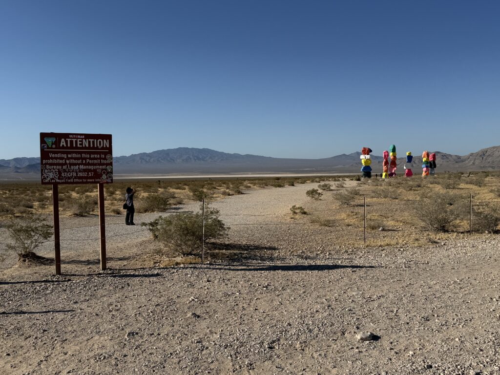 The path to Seven Magic MOuntains, with the stacks of colorful rocks visible in the distance.
