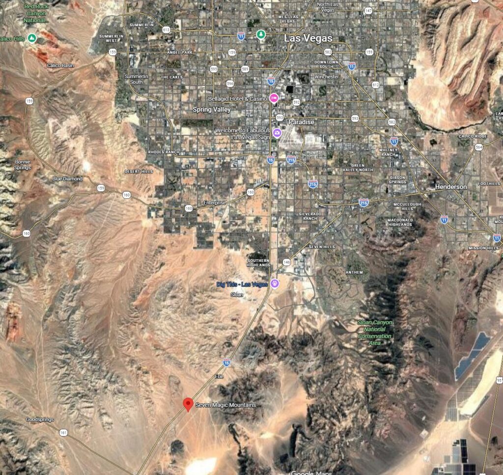 A satellite map showing Seven Magic Mountains south of Las Vegas.