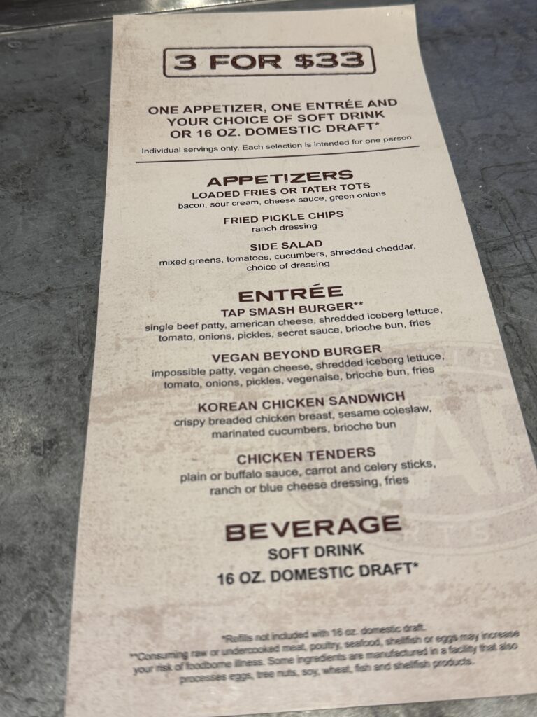 A restaurant menu detailing TAP's 3 for $33 deal. 