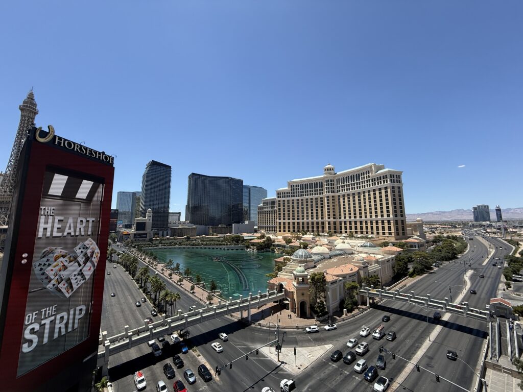 A view from the rooftop pool of Bellagio and The Cosmopolitan. 