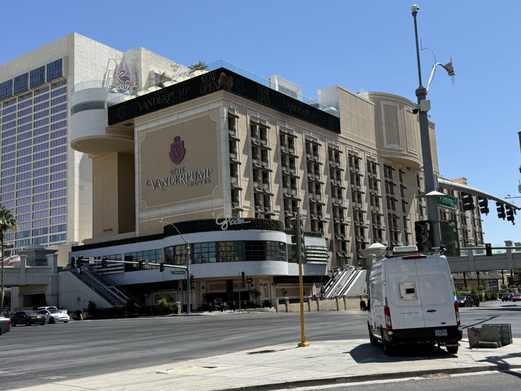 Exterior of the hotel, showing the loud side.