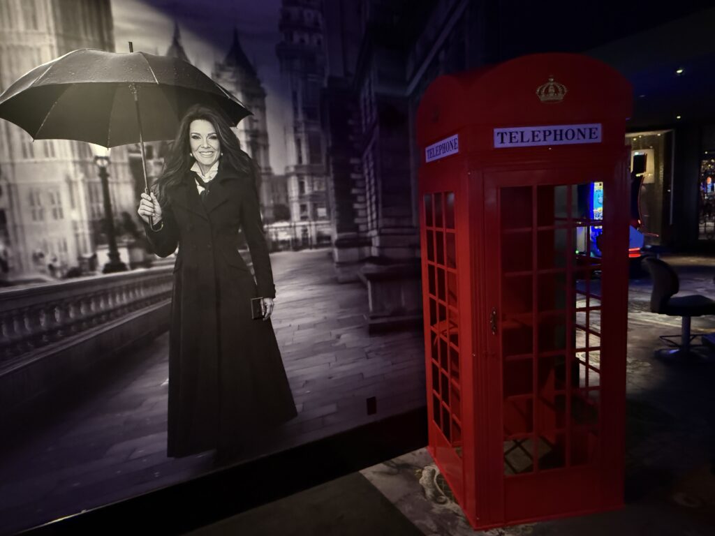 A red phone booth photo op on the casino floor.