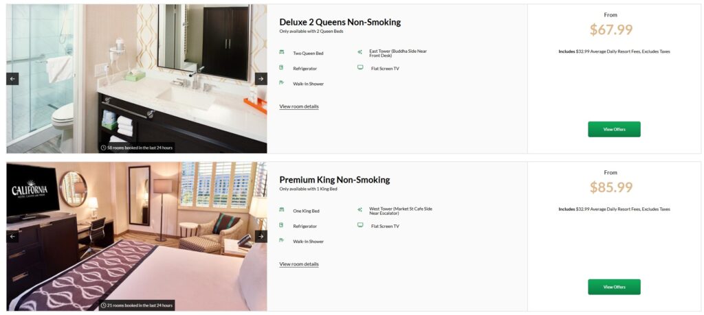 A booking page screenshot that shows the Deluxe and Premium rooms & pricing side by side. 