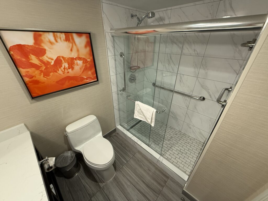 Other half of the bathroom, which shows the toilet to the left and shower to the right. 