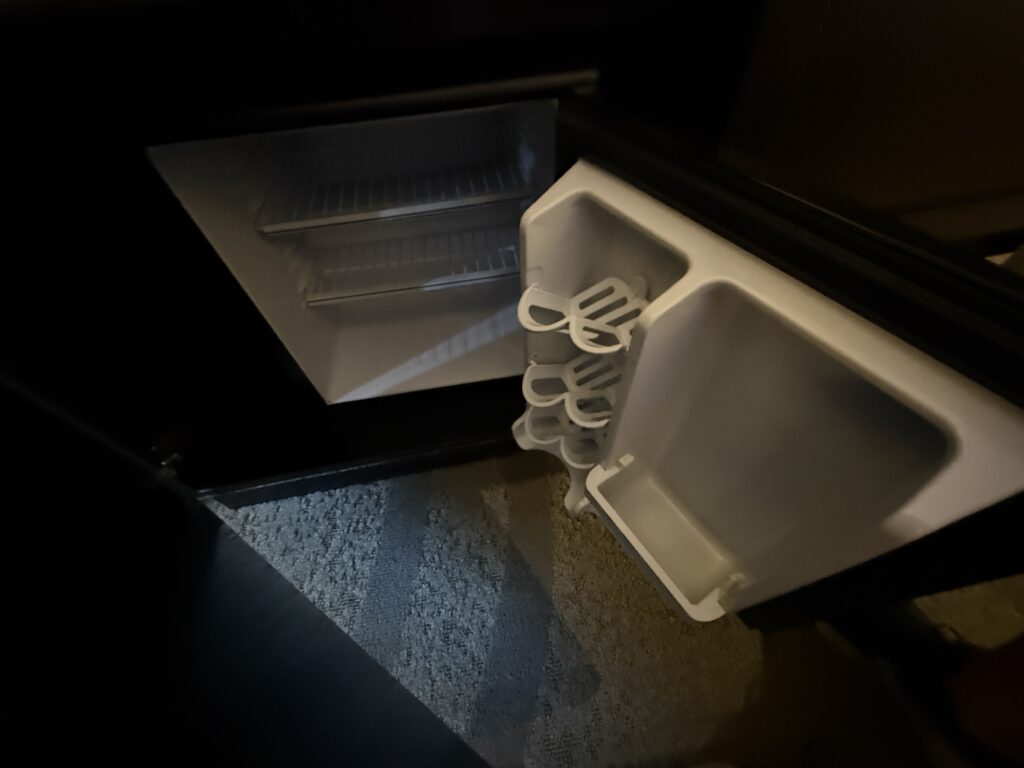 Open refrigerator door showing empty shelves and a white plastic egg/ice tray in the door area (dimly lit).