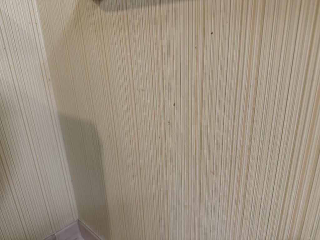 Stainging on the wallpaper in the bathroom.