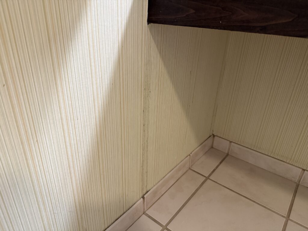 Stainning on the wallpaper under the vanity in the bathroom.