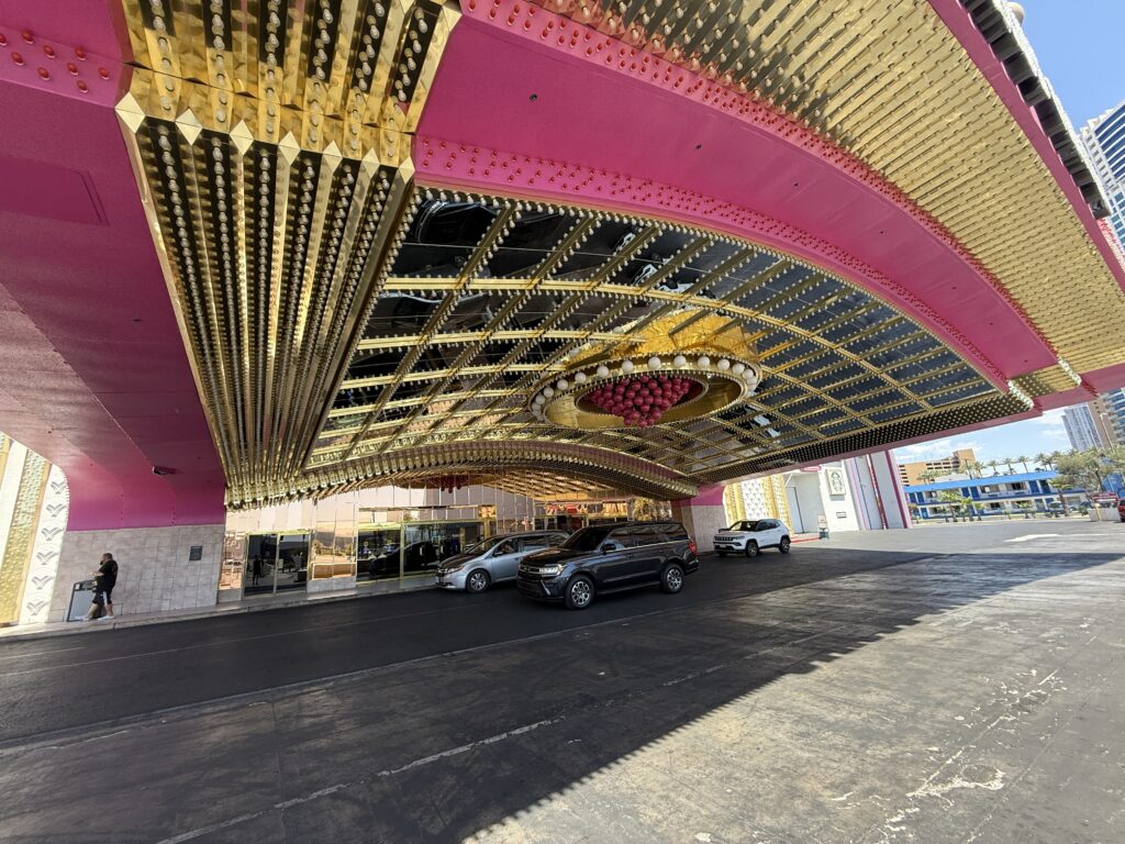 The Porte Cochere at Circus Circus, which has mirrored finishes, lights, and plenty of gold accents.