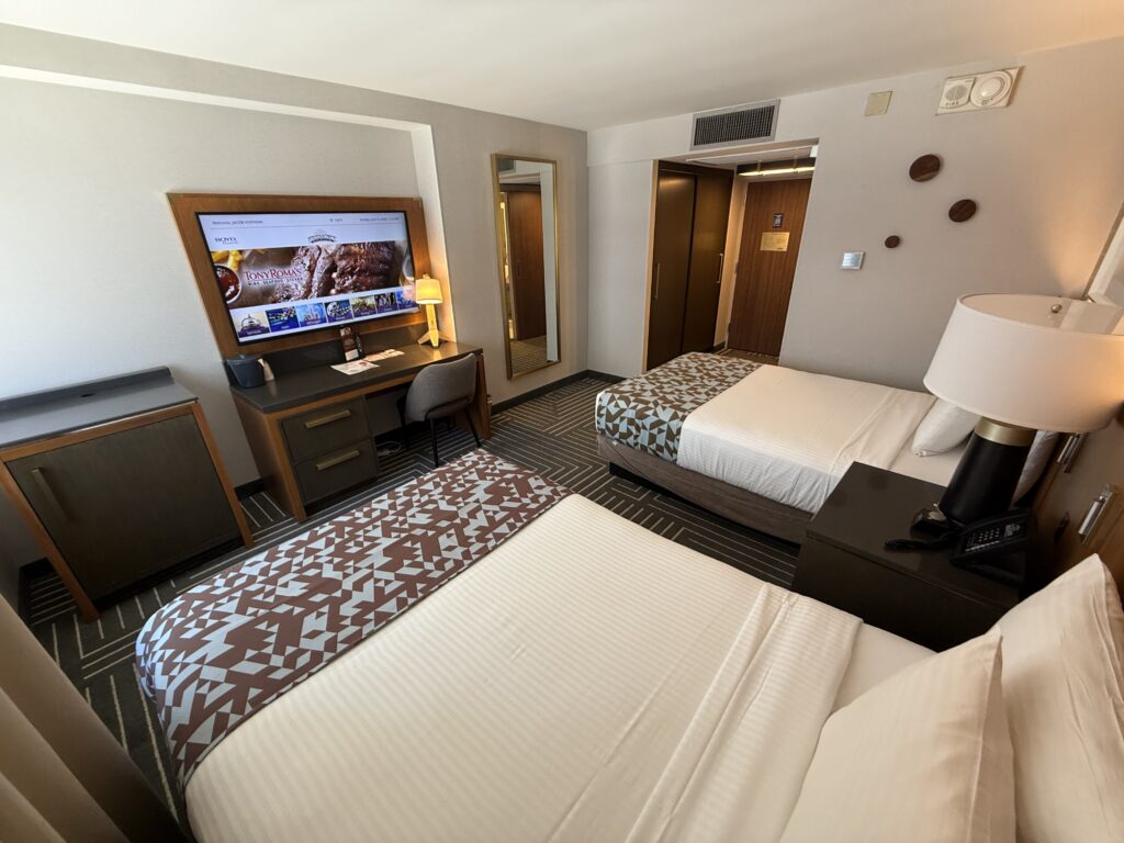 Another angle of the room with the beds pointed at the TV.