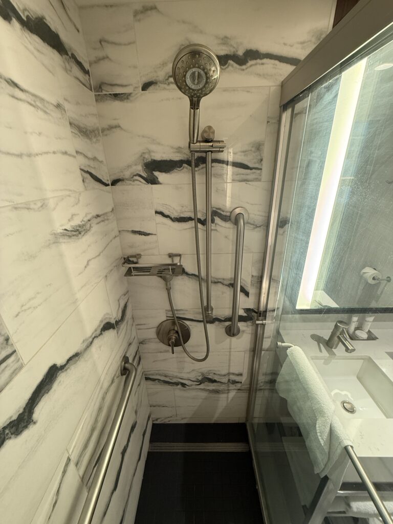 Marble walled shower with an overhead sprayer, a handheld sprayer, and glass door. 