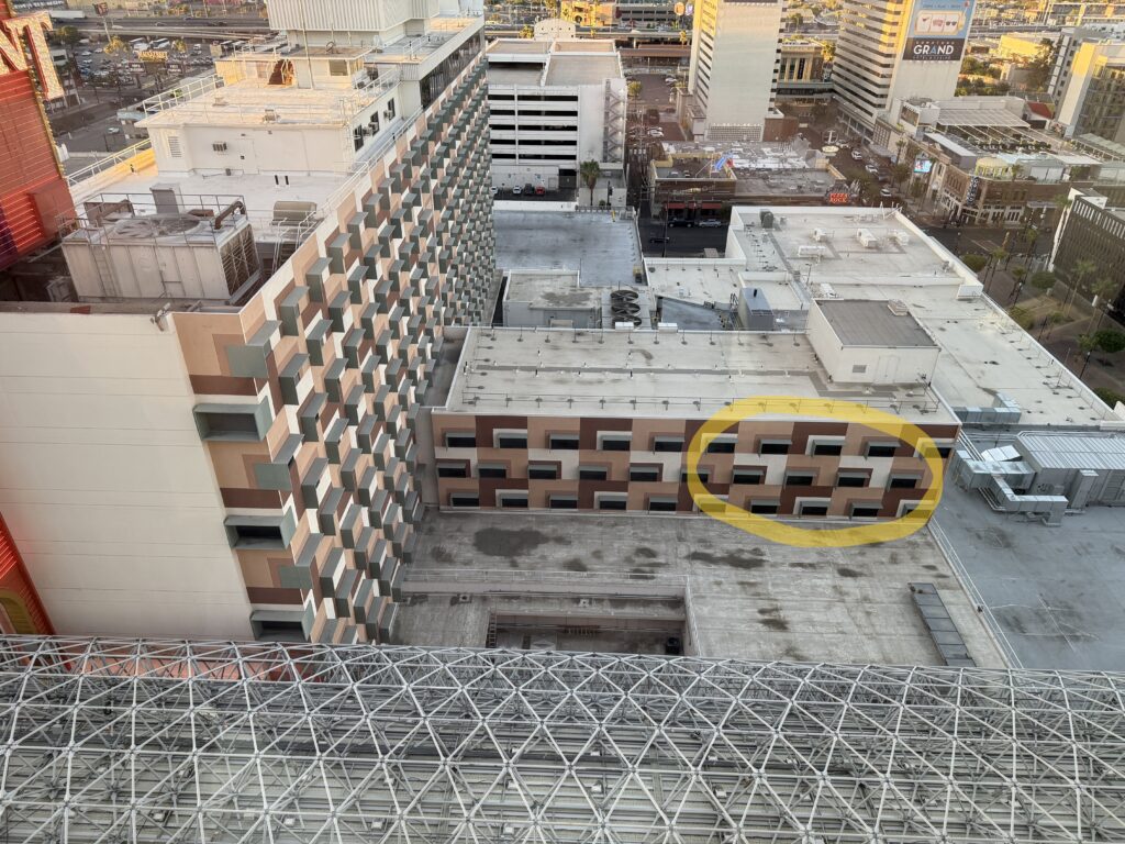 Fremont's hotel tower, with my room's position facing Fremont Street circled. 