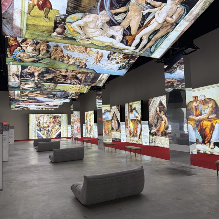 Illuminated painings hang on the ceiling above couches. Paintings are also on the wall in the background.
