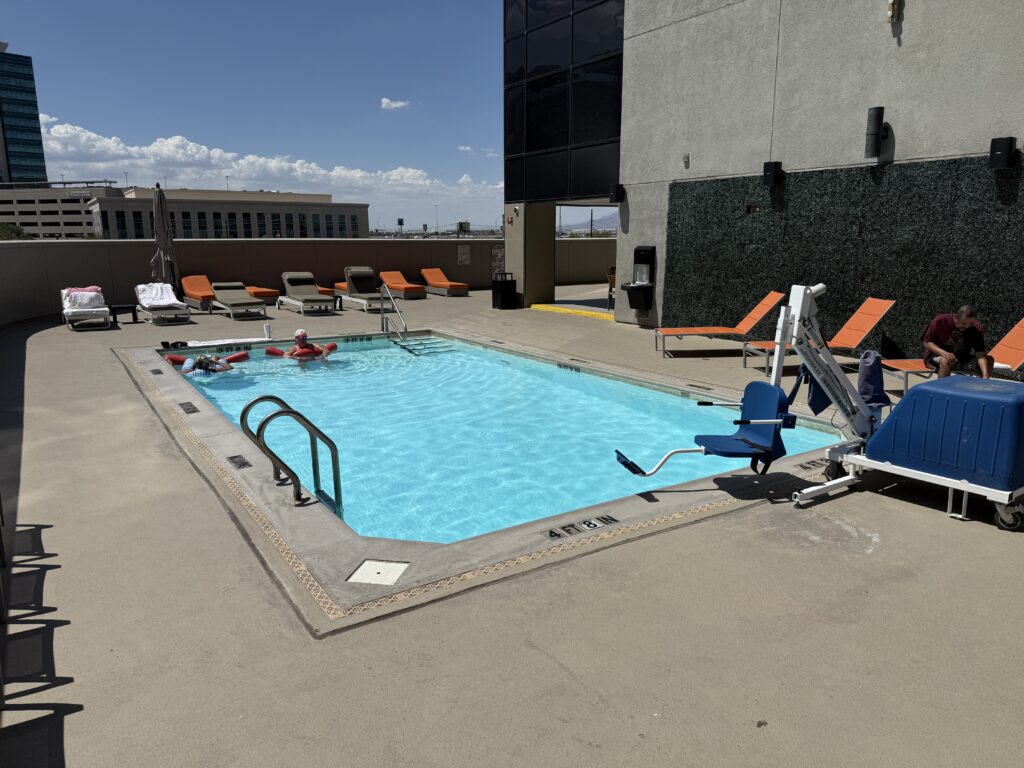 A small, rectangular pool on the roof at Cal. 