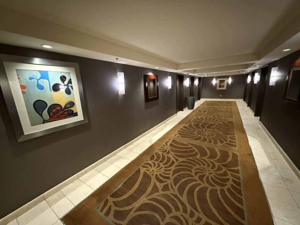 Elevator lobby with dark tones, colorful, illuminated art, and a seashell patterend carpet.