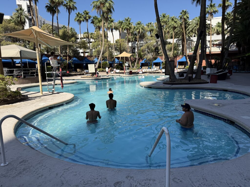 The pool at TI with palm trees surrounding it.