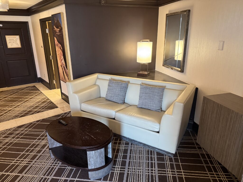 A couch and table in the corner of the suite.