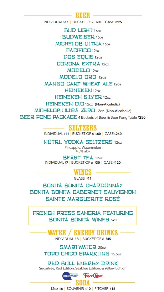 Drink menu at Palms Pool.