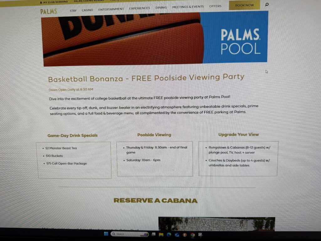 Screenshot of the Palms pool party page, which advertises $2 beasts and $10 buckets.