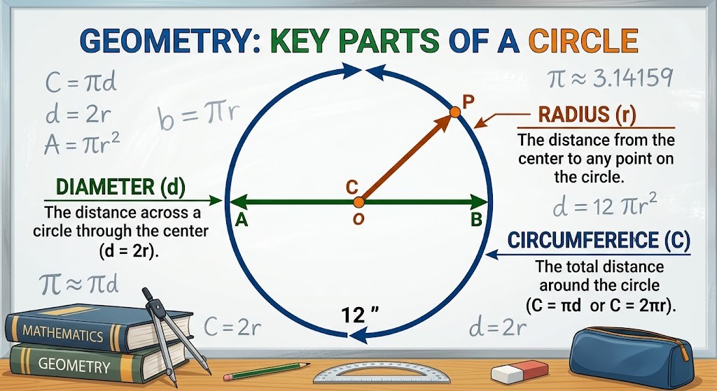 A graphic that shows the difference between a radius, circumference, and diameter.