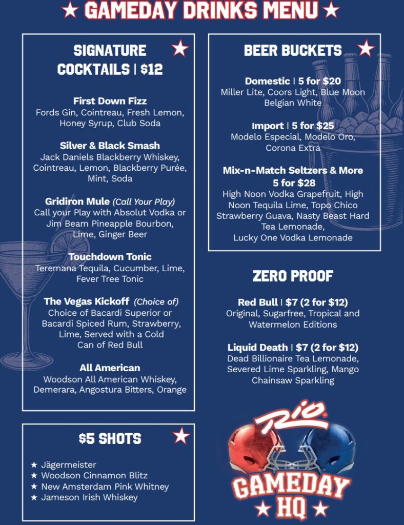 Rio's gameday drink menu. 