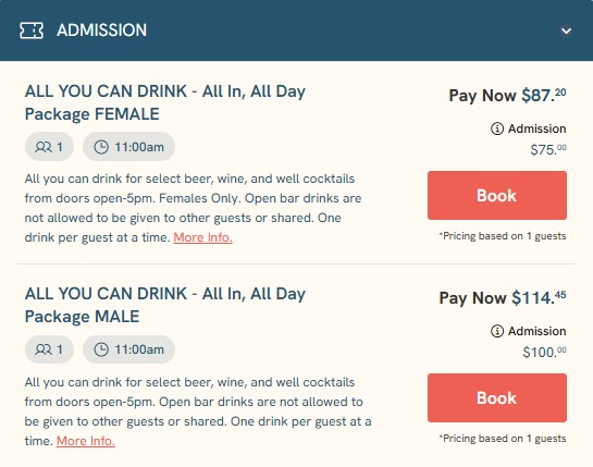 All you can drink deal booking page.