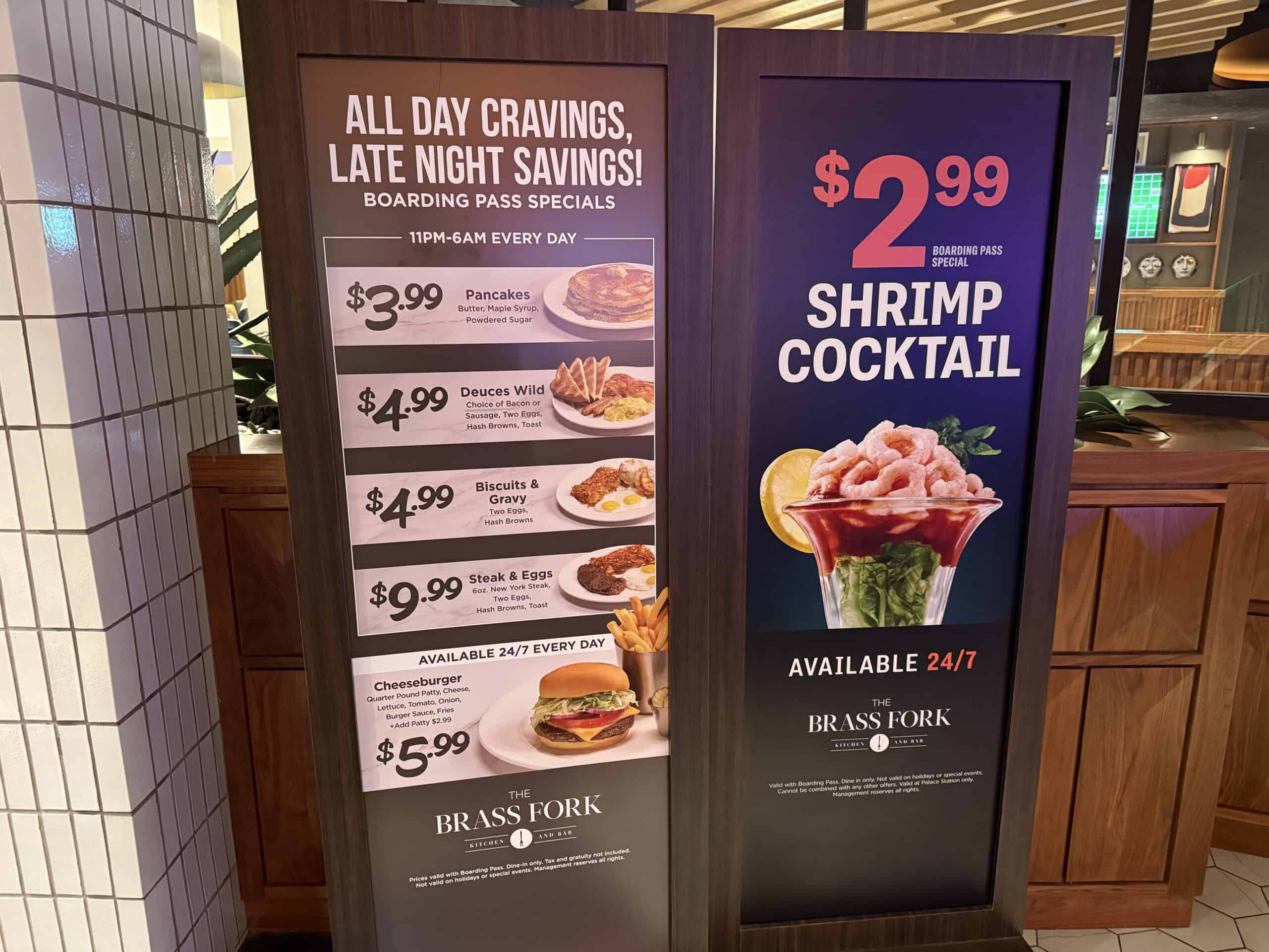 A listing of deals posted outside the Brass Fork.