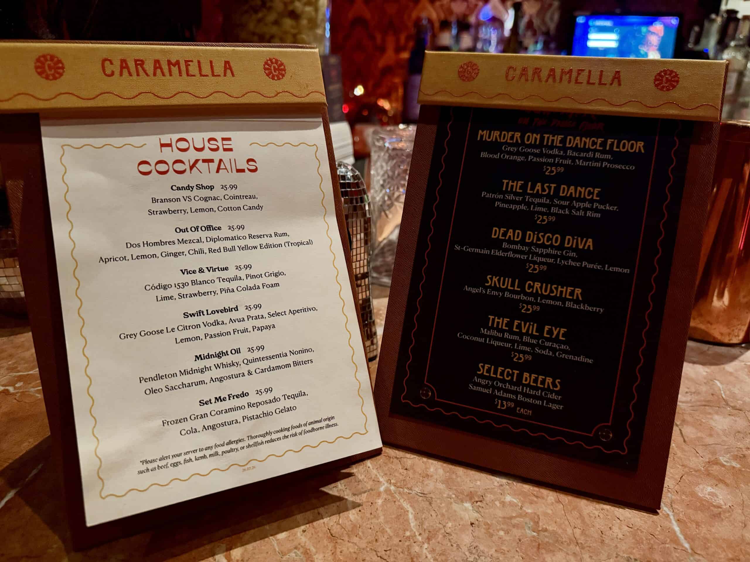 Menus on the counter, which show cocktails costing $25.95.