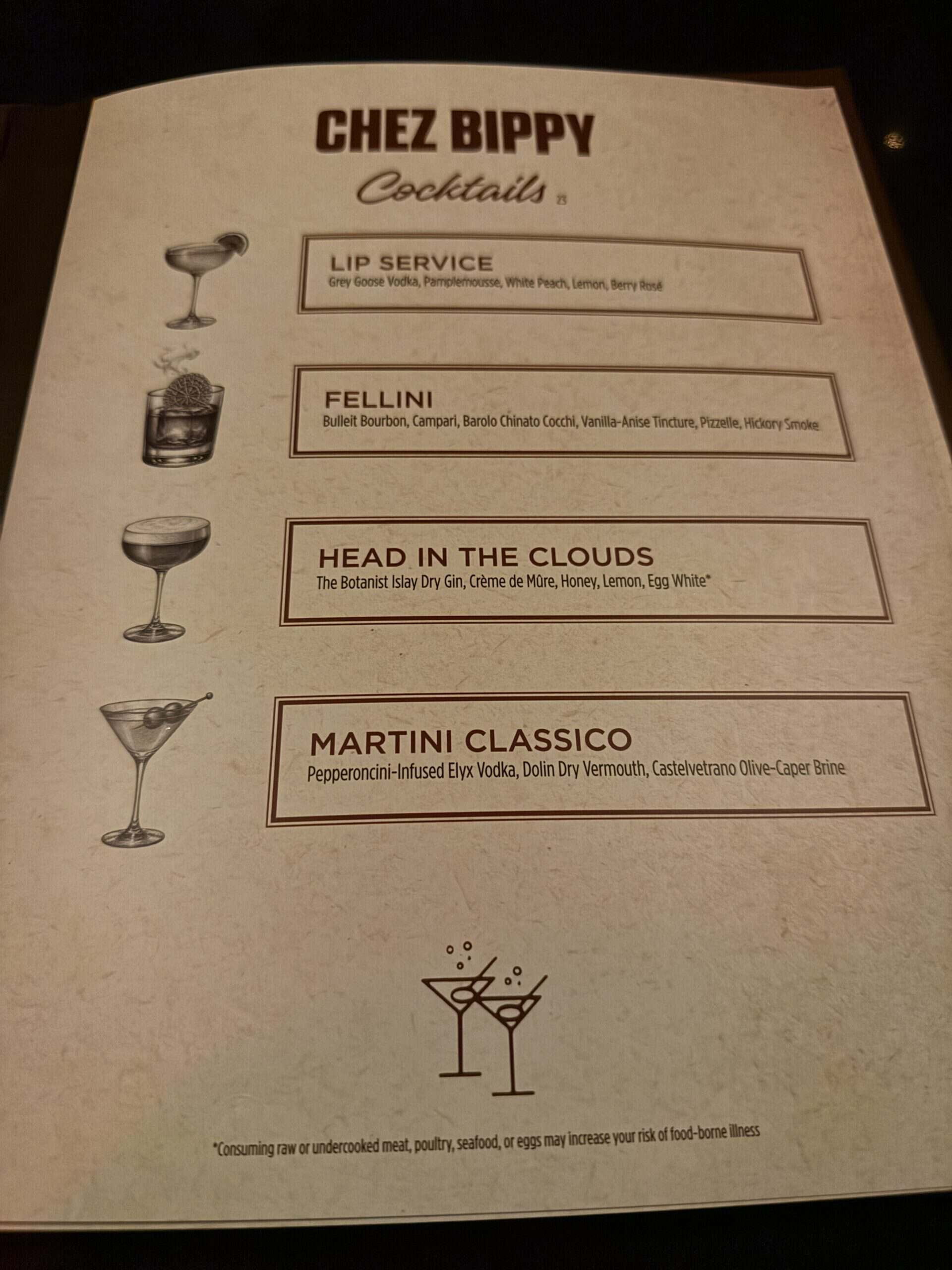 Cocktail menu at Chez Bippy.