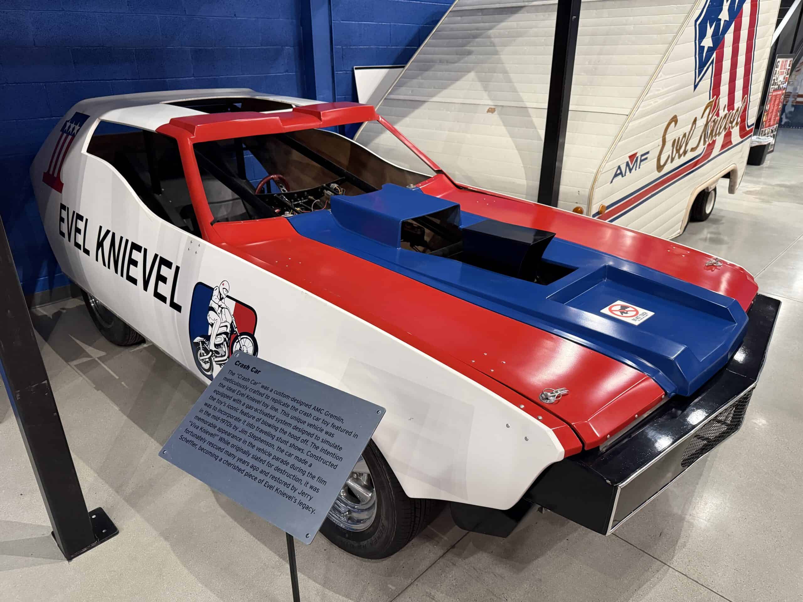 A red, white and blue crash car.