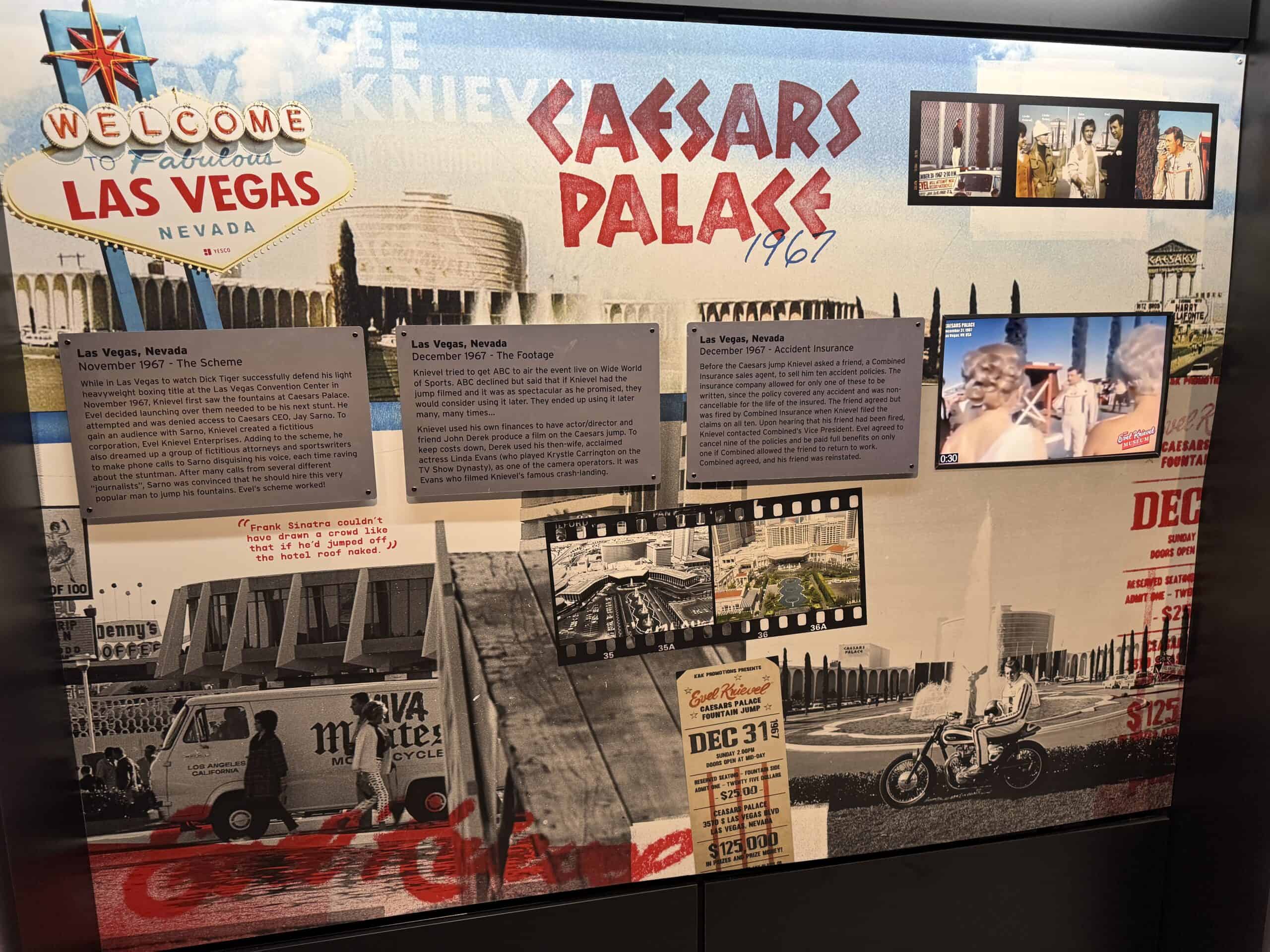 A display explaining/showing the jump over the fountians at Caesars Palace in Las Veags.
