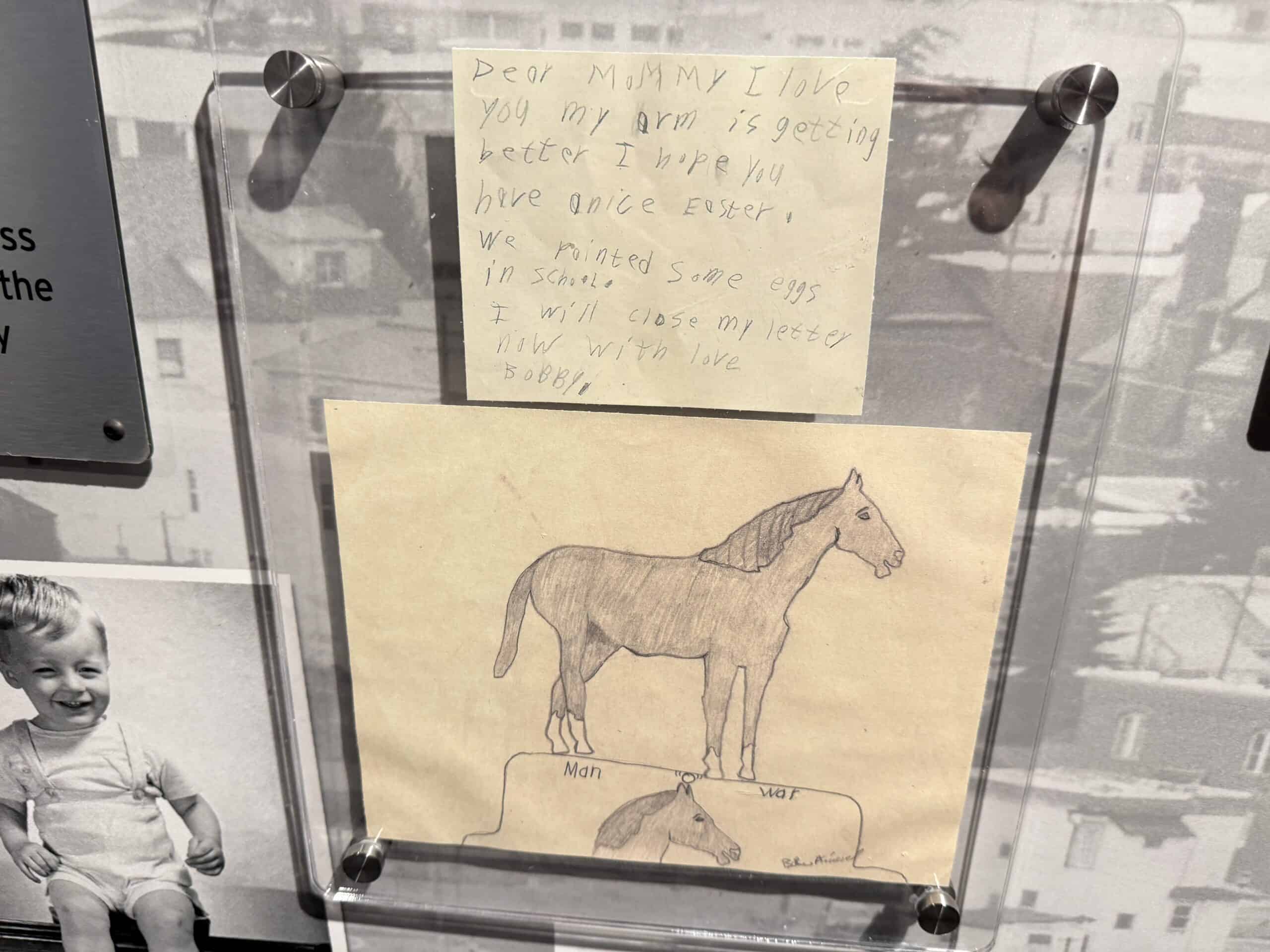 A note from Evel to his mother, alongside a picture of a horse.