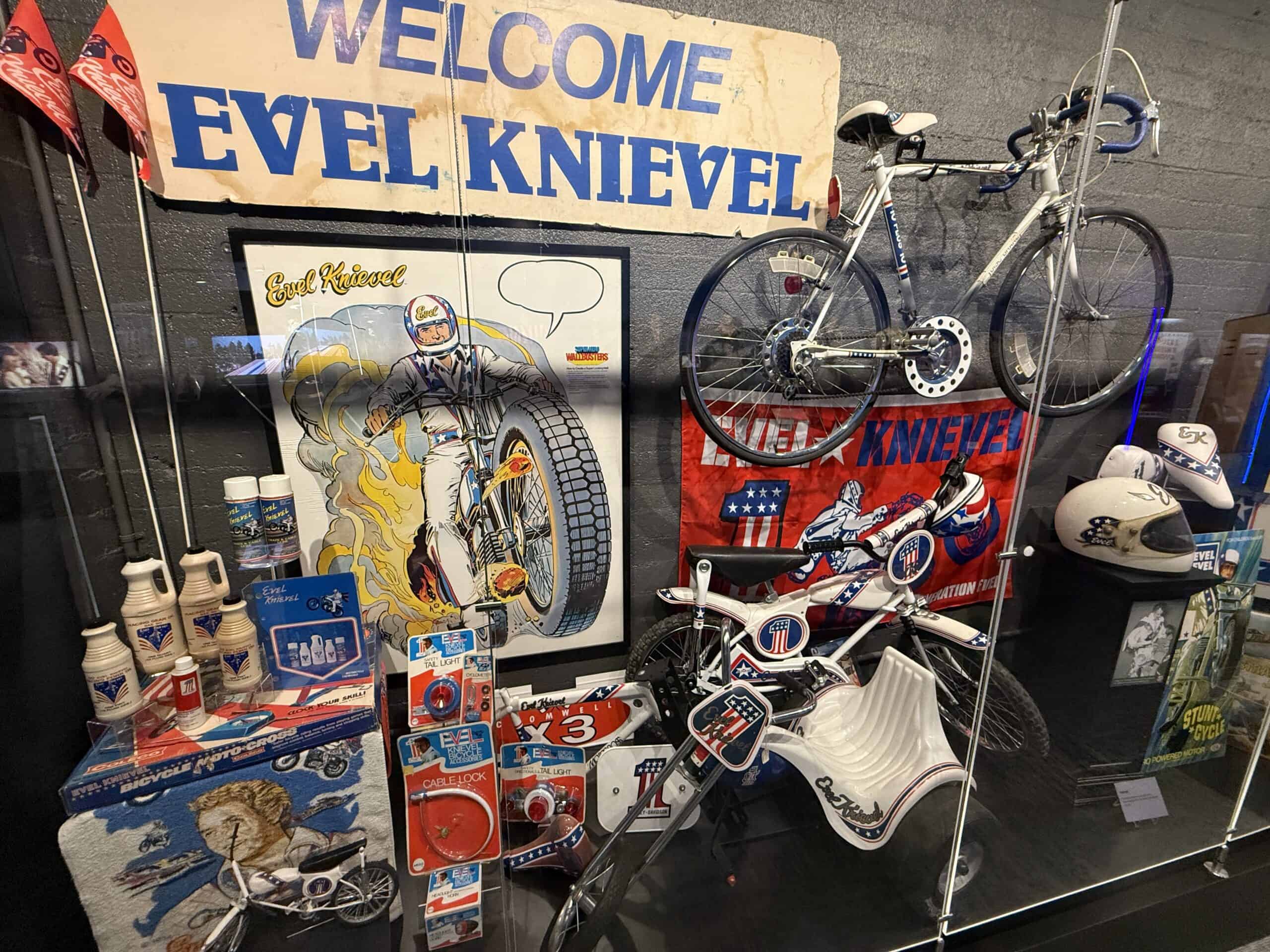 Evel themed products, which include a bike on display.
