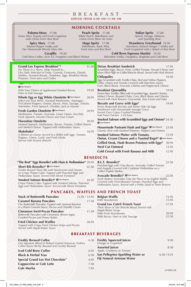 A screenshot of one page of Grand Lux's menu, with the buffet option highlighted in green.