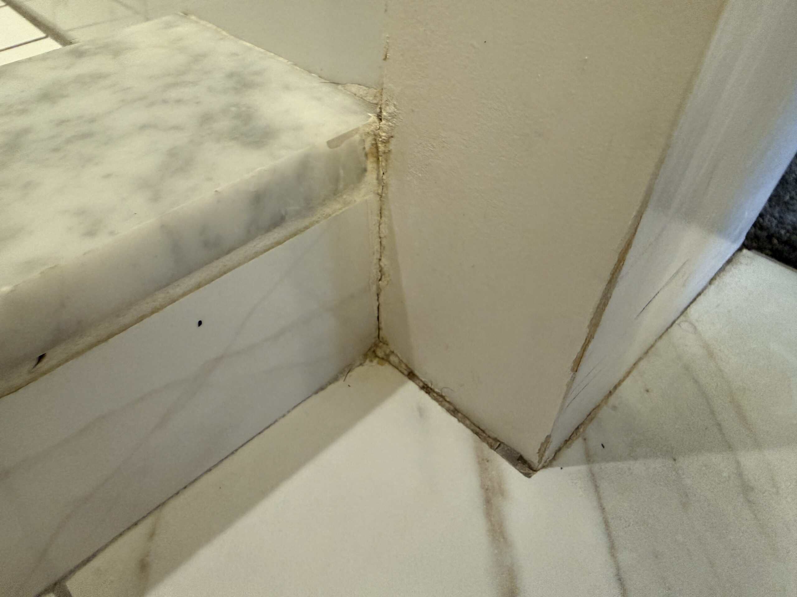 Grimey, discolored corner near the shower.