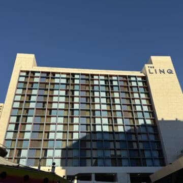 Exterior of LINQ's Strip facing hotel tower.