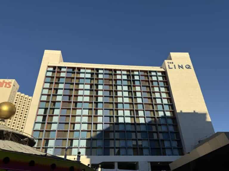 Exterior of LINQ's Strip facing hotel tower.