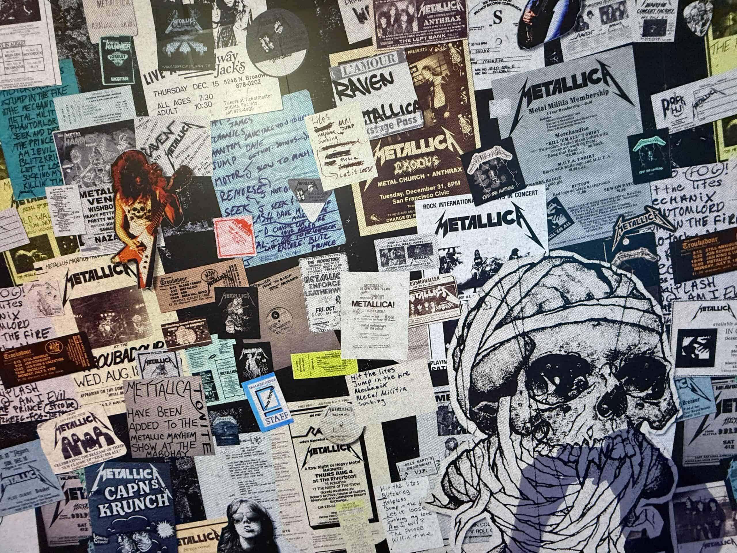 A collage of concert posters on display.