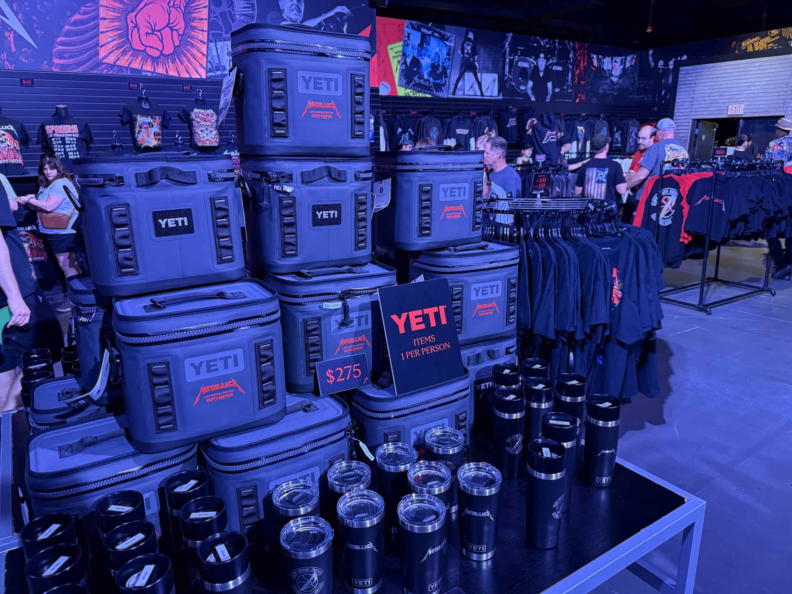 A table with Yeti coolers.