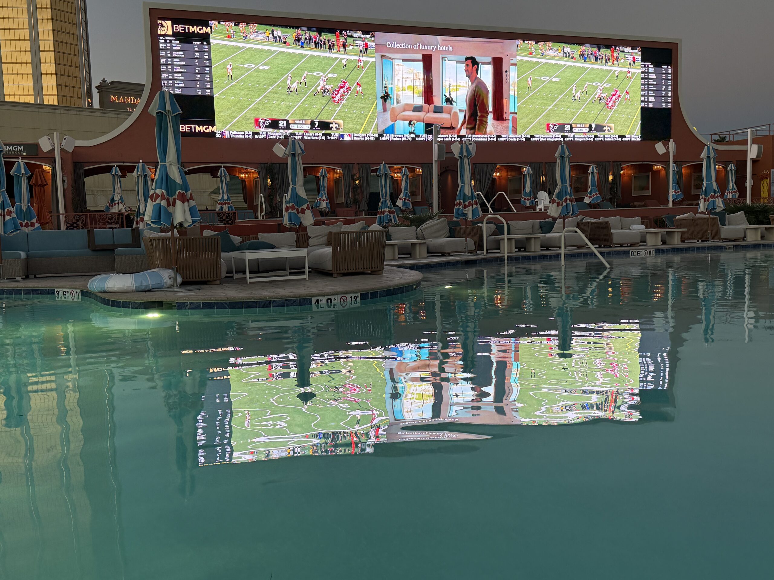 My view of the big screen, with pool water in the foreground.
