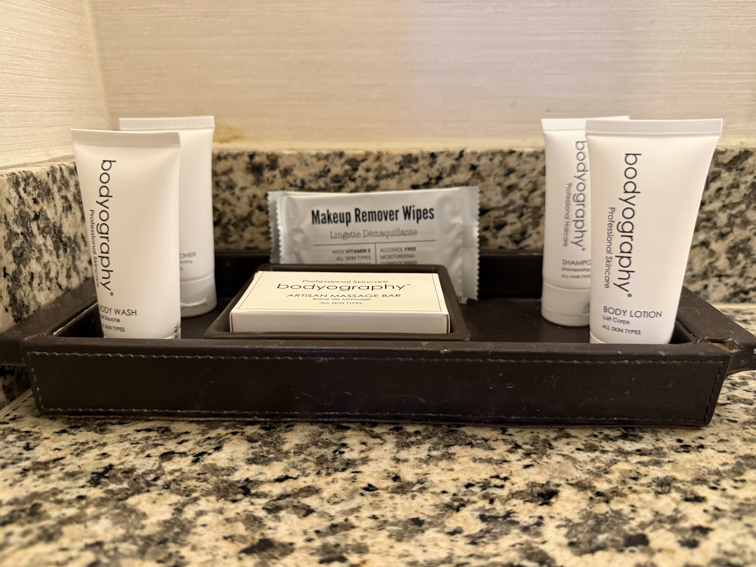 Bath products on a tray from Bodyography.