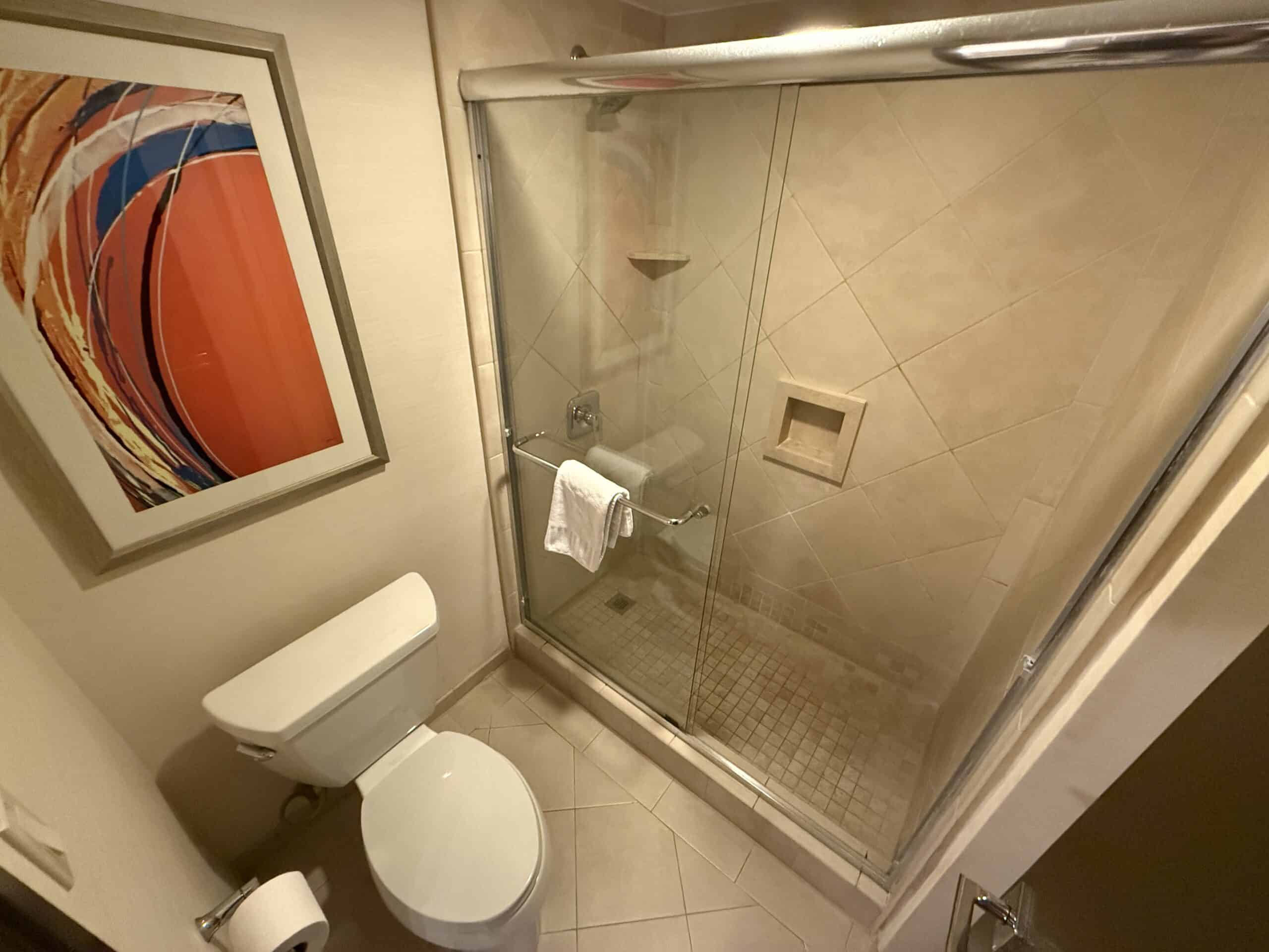 The Water closet, with a toilet to the left and glass-enclosed shower on the right.